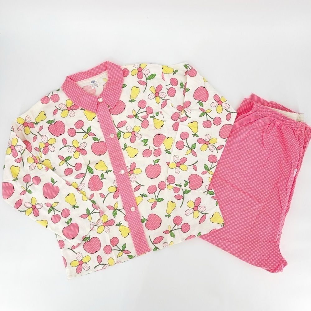 Vintage 60s Flannel Fruit Pajamas 2 Piece Set Size M Made in USA